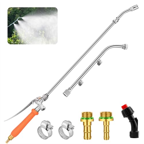 Metal Pump Sprayer Wand with 3 Types of Nozzles, Fan Nozzle Replacement Sprayer Wand, Stainless Steel Sprayer Wand Replacement with 1/4" & 3/8" Brass Barb and 2 Hose Clamps - color: 1Pcs 35 Inches Sprayer Wand - Orange Handle