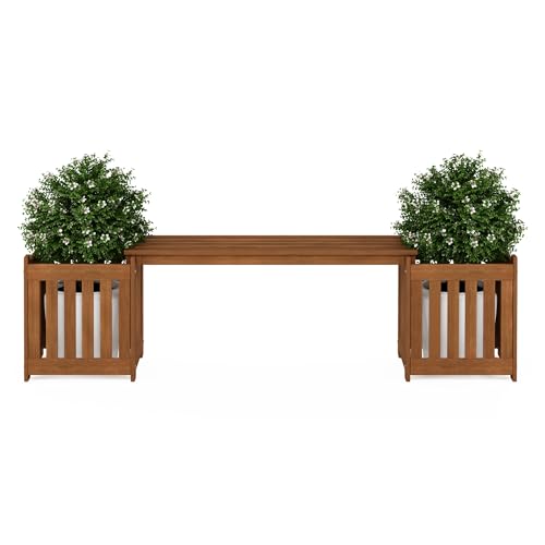 Furinno TIOMAN Planter Box with Bench, Hardwood Flower Box with Seat, Cube Garden Box, in Teak Oil, Outdoor Indoor, Garden, Patio, Balcony, Light Wood - size: 16" x 16" Boxes with 41" Wide Bench