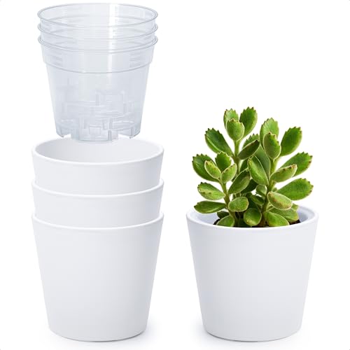 Phoenix Vine 4.5 Inch White Plastic Cachepot with Clear Nursery Pot, Decorative Lightweight Planter Cover with Transparent Inner Pot for Indoor Houseplants, Pack of 4, 24-B-D-4 - color: Matte White, size: 4.5" (4 Pack)