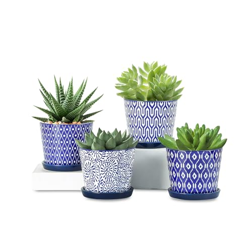 Selamica Ceramic Succulent Pots, 4.3 Inch Small Plant Pots with Drainage Holes and Saucers, Small Flower Pots for Succulent, Cactus, Home Decor, Set of 4, Vintage Blue - color: Vintage Blue, size: 4.3 Inch, Set of 4