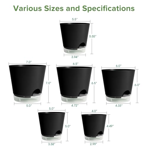 GARDIFE 2026 Upgraded Self Watering Plant Pots with Drainage Hole, 7/6.5/6/5.5/5/4 Inch Flower Planting Containers for House Plants, African Violet, Flowers, Cactus (Black, 7+6.5+6+5.5+5+4 inch) - color: 7-black-upgraded, size: 7+6.5+6+5.5+5+4 inch