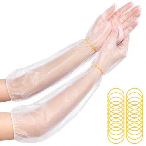 Qianyu 100 PCS Disposable Long Gloves Plastic Dressing Gutting Gloves Waterproof Cleaning Long Sleeve Glove 21 Inch Lightweight with 300 Rubber Bands for Farm Household Gardening Cleanings