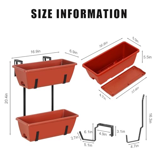 Railing Planter Box Set of 2, 4 Pack Brick Red Window Boxes Planters - color: Brick Red