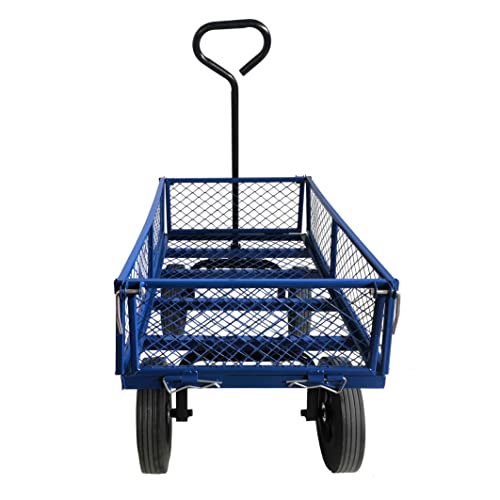Metal Utility Wagon with 10" Solid Large Wheels 500 Lbs Capacity Heavy Duty Wheel Barrow Mesh Steel Garden Wagon Cart Dump Cart Pullable with 180° Rotating Handle Removable Sides (Blue) - color: Blue