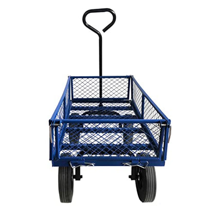 Metal Utility Wagon with 10" Solid Large Wheels 500 Lbs Capacity Heavy Duty Wheel Barrow Mesh Steel Garden Wagon Cart Dump Cart Pullable with 180° Rotating Handle Removable Sides (Blue) - color: Blue
