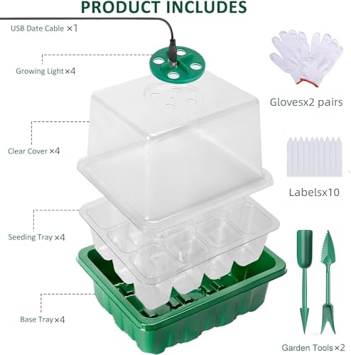 Seed Starter Tray with Grow Light，4 Pack Seed Starter Kit with Timing Controller Adjustable Brightness, Heightened Lids Growing Trays for Greenhouse & Gardens (Green)