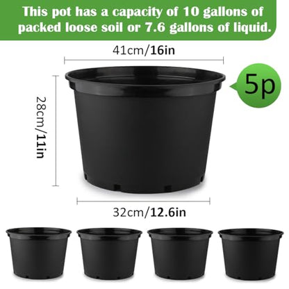 RooTrimmer 10 Gallon Plastic Nursery Pots, 16 Inch Round Plant Pots with Drainage Holes, 5 Pack Large Garden Flower Pots for Outdoor Indoor Plants, Gardening Gifts for Women, Black - size: 10Gallon-5P-Black