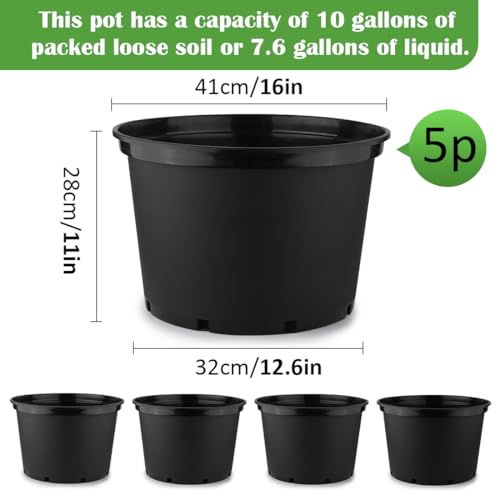 RooTrimmer 10 Gallon Plastic Nursery Pots, 16 Inch Round Plant Pots with Drainage Holes, 5 Pack Large Garden Flower Pots for Outdoor Indoor Plants, Gardening Gifts for Women, Black - size: 10Gallon-5P-Black