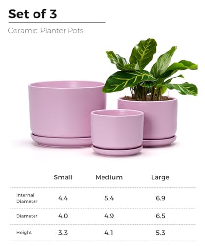 Plant Pots,Ceramic Planters with Drainage Holes&Saucer Set of 3(Matte Pink) - color: Matte Pink