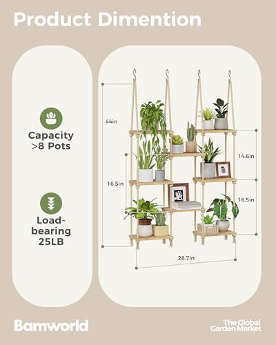 Bamworld Hanging Shelves 8Tiers Plant Hanger Indoor Window Plant Shelves - size: 8Tier
