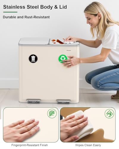 Lovewind 2×11.5 Gallon Dual Trash Can, Stainless Steel Dual Garbage and Recycling Can with Foot Pedal, 90° Stay-Open Lid, Large Dual Compartment Trash Recycling Bins Kitchen, Apricot - color: Apricot, size: 23 Gallon