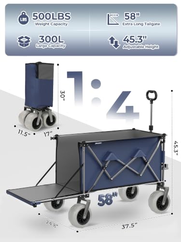 Heavy Duty Beach Wagon with 58" Expandable Tailgate, 300L, for Sand - color: 9"blue