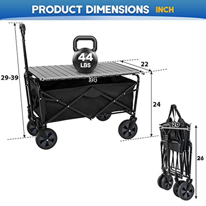 PayLessHere Garden Cart Folding Wagon Collapsible w/Foldable Table Board Universal Wheels for Camping Picnic Outdoor Event - color: Black Table Board