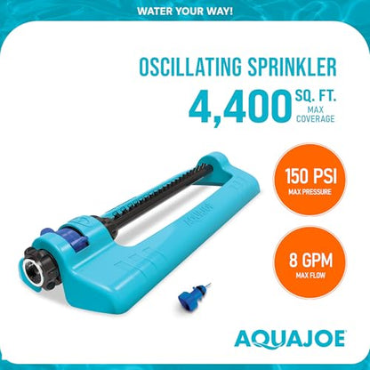 Aqua Joe Oscillating Sprinkler with Metal Ground Spike, Adjustable Spray Position Irrigator for 4400 Sq Ft Coverage Compatible with Garden Hoses