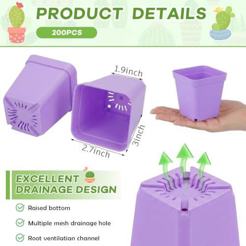 Yaomiao 200 Pack 3 Inch Purple Nursery Pot Square Flower Pots Plastic Plant Succulent Planter Seed Starting Pots with Drainage Holes for Garden Office Balcony Decor Indoor Outdoor Plant Seedling - color: Purple