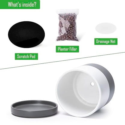 D'vine Dev 2-Pack Ceramic Pots with Saucers, 6/8 in, White/Grey, 94-G-M-6 - color: White/Speckled Grey, size: Medium