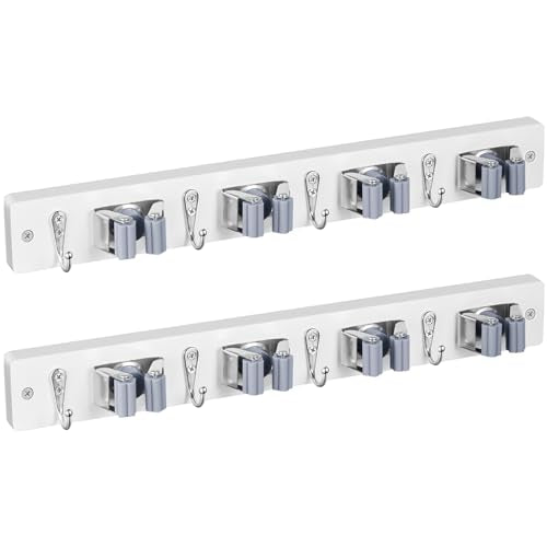 OUTNILI 2 Pack Mop Broom Holder Wall Mount - White Wood Broom Mop Hanger - Wall Mounted Garden Tool Rack Organizer for Closet Garage Laundry Room, 4 Slots & 4 Hooks - color: White-4 Grips, size: 2 Pack