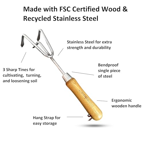 Garden Guru Eco Hand Cultivator Rake Tiller Tool- 100% Recycled Stainless Steel - Rust Resistant - FSC Certified Wood Ergonomic Handle - Great for Gardening Cultivating Weeding - 1 Case (40 Pcs) - size: 40 Pack