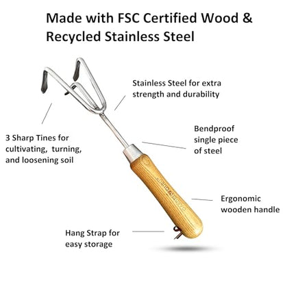 Garden Guru Eco Hand Cultivator Rake Tiller Tool- 100% Recycled Stainless Steel - Rust Resistant - FSC Certified Wood Ergonomic Handle - Great for Gardening Cultivating Loosening Weeding (4 Pack) - size: 4 Pack