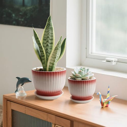 Ceramic Plant Pots, Set of 2, Pink + White, 6.7 + 5.5 Inch - color: Pink + White