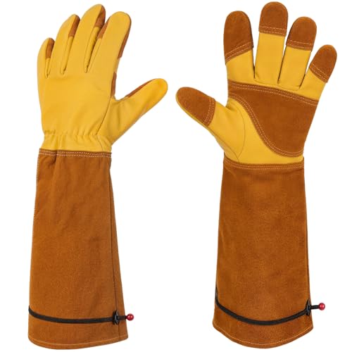 Aegend Long Gardening Gloves for Men, Reinforced Fingertips Cowhide Leather, Elbow-Length Gauntlet Cuff, Breathable & Durable for Yard Work Fit for Large Hands (Gold Yellow, L) - color: Golden Yellow, size: Large