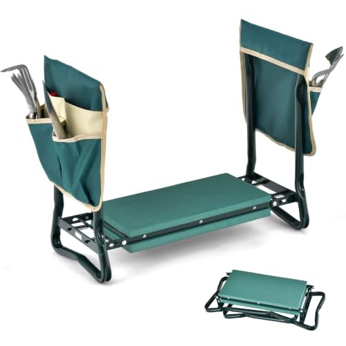 HAPPYGRILL Garden Kneeler Bench for Kneeling and Sitting, Portable Garden Kneeler Seat with 2 Large Tool Pouches, EVA Foam Kneeling Pad, Foldable Gardening Tool Bench