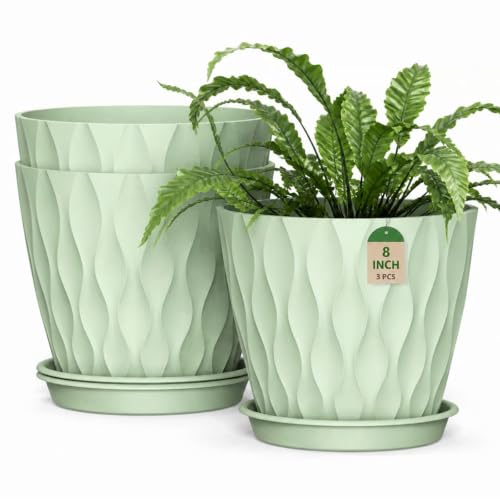 Plant Pots for Indoor Plants 3 Pack 8" Plastic Planters with Drainage Holes - color: Green, size: 8 in 3pcs