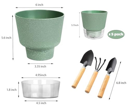2024 Upgraded 5 Pack 6-Inch Self-Watering Planter Pots with Deep Reservoir for Indoor and Outdoor Plants with Planting Tools (Frosted White) - color: Frosted White