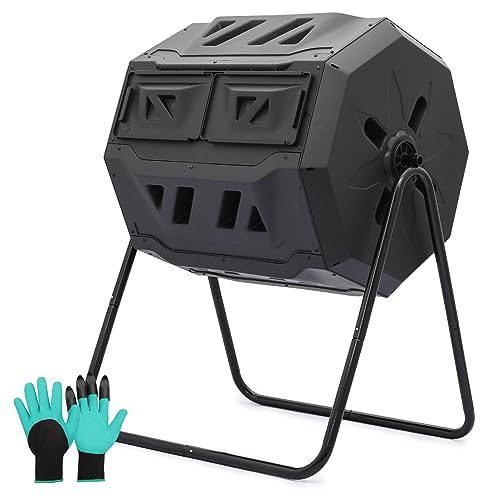 Magshion 43 Gal Chamber Compost Tumbler Outdoor Tumbling Composting Bins High Volume Garden Composter w/Dual Chamber Sliding Doors for Gardening, Black Sliding Doors - size: 43 Gal