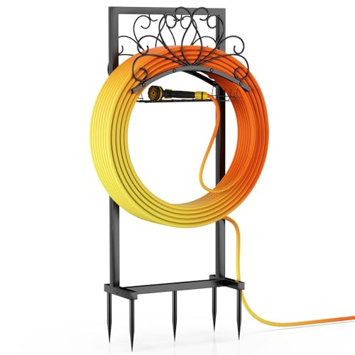 Garden Hose Holder, Heavy-Duty Metal Water Hose Holder with Detachable Storage Basket, Freestanding Hose Stand & Organizer for Outside Yard Lawn, Rust-Resistant Hose Rack for Easy Hose Storage