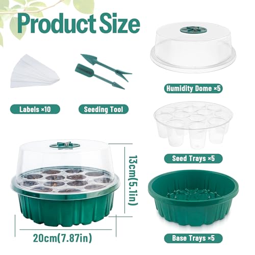 CJGQ 5Sets Seed Starter Tray with Grow Light,13-Hole Round Seedling Box,Elevated Seedling Starter Trays Kits with Adjustable Humidity Domes and Clear Cell Tray for Greenhouse Seeds Growing Starting