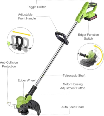 20V Electric Weed Wacker Cordless Edger Lawn Tool 2X2.0Ah Battery Powered Weed Eater 12" Lightweight String Trimmer Auto Line Feed Grass Trimmer