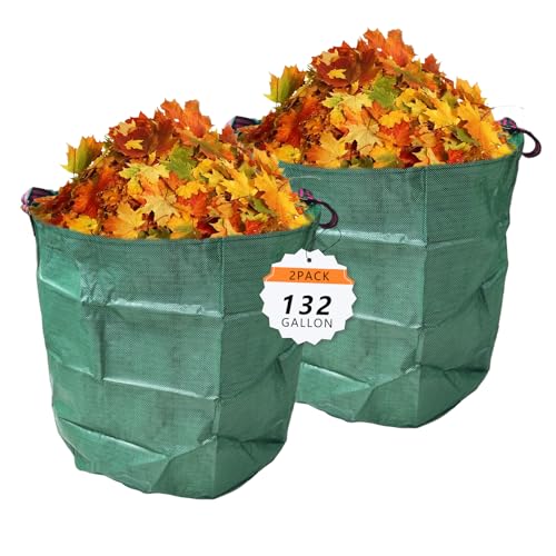 2-Pack 132 Gallon Reusable Yard Waste Bags, Heavy Duty Collapsible Garden Leaf Bags with Plastic Ring, Stand-Up Yard Waste Bin for Collecting Leaves, Lawn Grass - style: 2-Pack 132 Gallon Waste Bags