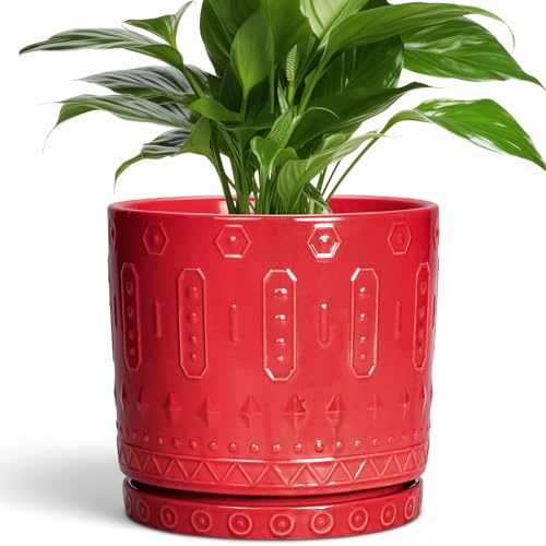 Eightpot Ceramic Plant Pots, 8 Inch Plant Pots Indoor Outdoor, Round Flower Pot with Drainage Hole and Sacuer, Boho Pot for Plants, Decorative Planter, Home Room Bathroom Decor, Garden Gifts, Red - color: Red, size: 8 Inch