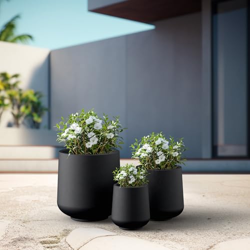 Kante Set of 3 Black Concrete Curved Round Planters for Modern Home - color: Black, size: Set of 3: 15.3" + 11.6" + 8.2" D