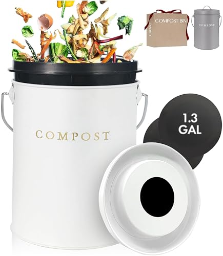 FINESSY Kitchen Compost Bin Countertop White, Indoor Composter 1.3 Gallon - color: Luxe White