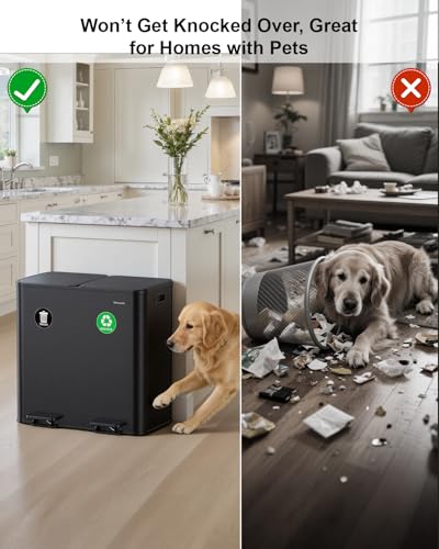 Lovewind 2×11.5 Gallon Dual Trash Can, Stainless Steel Dual Garbage and Recycling Can with Foot Pedal, 90° Stay-Open Lid, Pet-Proof Design – Large Dual Compartment Trash Recycling Bins Kitchen, Black - color: Black, size: 23 Gallon