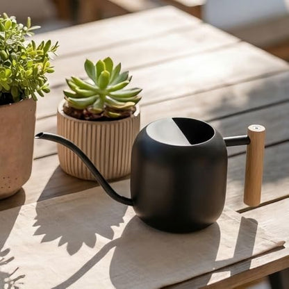 Watering Can 45 oz Long Spout Wooden Handle Stainless Steel