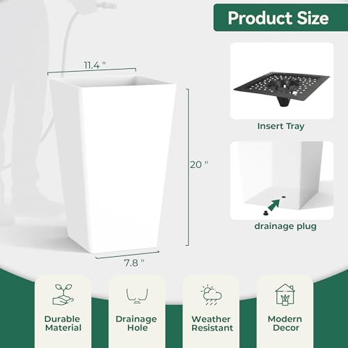 Worth Garden 20" White Plant Pots Tall Flower Pots Set of 2 Planters - color: White