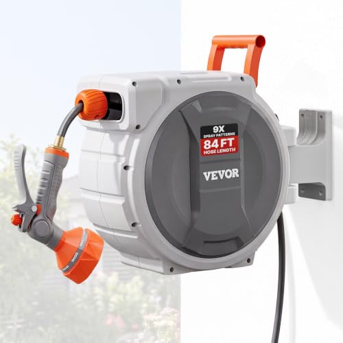 VEVOR Retractable Garden Hose Reel, 1/2 Inch x 84 ft Wall Mounted Heavy Duty Garden Hose Reel with 9 Patterns Nozzle, Any Length Lock, Upgraded Slow Return System and 180°Swivel Bracket - size: 1/2 in x 84 ft