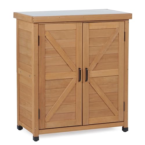 Outdoor Potting Bench with Storage Cabinet and Metal Top, Wood Workstation for Outdoor Patio, Garden (Light Brown, 31x17x36‘’) - color: Light Brown, size: 31x17x36"