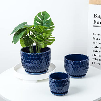 Ceramic Flower Pots with Drainage Hole and Saucer, North European Style Round Indoor Succulent Planters with Honeycomb Inspired Texture Design, Small to Medium-Sized, Set of 3, Navy Blue - size: 6.4"+5.2"+3.7" - Set of 3, style: Modern