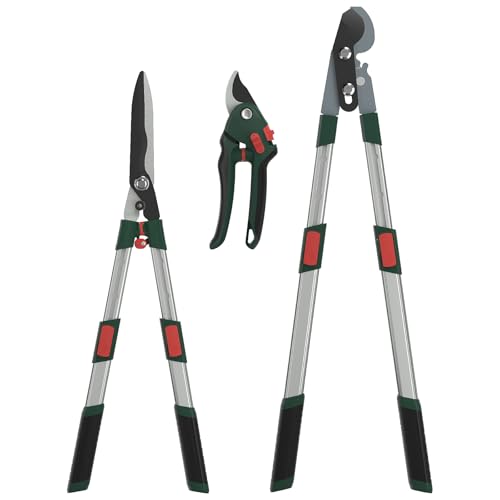 GARTOL 3-Piece Garden Tool Set - Bypass Lopper, Hedge Shears, Pruning Shears with Telescopic Aluminum Handles, Extendable Heavy-Duty Branch Cutters, Garden Clippers for Branches, Shrubs, and Hedges
