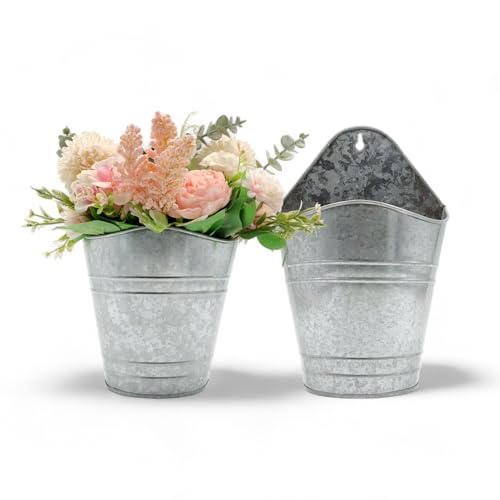 Hosley Set of 2 Galvanized Wall Planters, 10 Inch Hanging Metal Buckets for Indoor Outdoor Garden, Farmhouse Wall Decor, Rustic Patio & Balcony Planter Pots - size: 10"H * 2 count