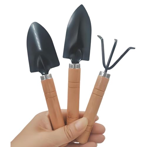 3 Pcs Mini Garden Tools Set Small Tiny Shovel Trowel and Hand Rake with Solid Wood Handle Indoor Gardening Tools for Pot Plants Succulent Bonsai - style: 3PCS Mini Black