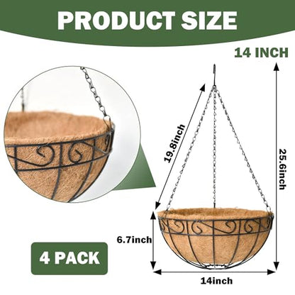 4 Pack 14 Inch Hanging Baskets for Plants Outdoor Metal Hanging Planter Basket with Coco Coir Liner Hanging Flower Pots Holder for Garden, Patio(Flower) - size: 14 Inch, style: English