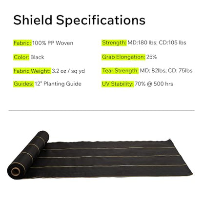 Weed Barrier Fabric Heavy Duty 8ft x 100ft, 3.2 oz Woven Landscape Fabric for Gardens, Raised Beds & Landscaping, UV-Stabilized Permeable Ground Cover with Yellow Planting Guides, Black, DOTDAY Shield - size: 8 x 100ft