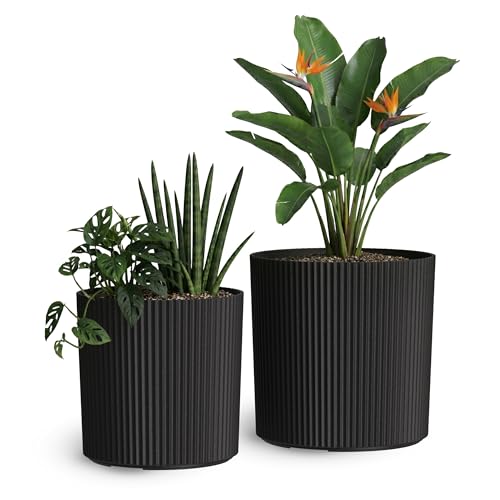 Mayne Haven 12in & 14in Round Fluted Modern Planter Set, Black, 2-Pack - color: Black, size: 12in and 14in