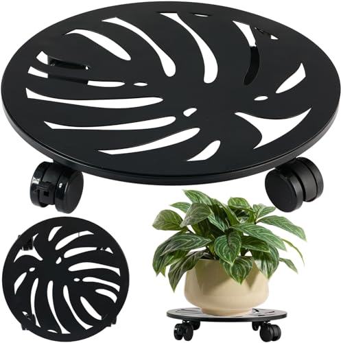 1-Pack 12 Inches Round Metal Plant Caddy with Wheels Heavy Duty Large Rolling Plant Stand Indoor Outdoor Wheeled Planter Dolly Cart with Lockable Casters Flower Pot Mover Roller Trolley, Black - size: 12 in