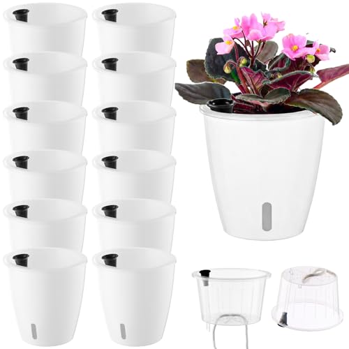 Upgraded Self Watering Pots for Indoor Plants, 12-Pack 5 Inch Top-Fill Self Watering Planter with Water Window, Orchid Pots, Clear Wick Inner Basket with Drainage, White - color: White, size: 5 Inch/12 Packs